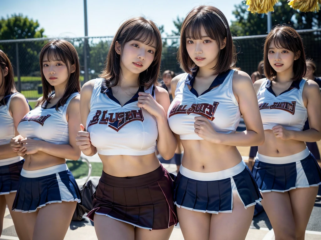 (nsfw),sharp focus,ultra detailed,(nsfw),brown medium hair,3females kneeling on bed,(saggy and gigantic breasts:1.2),(cheerful smile),(cheer uniform),(,logo printed red vest:1.1),arm up,(armpit hair:1.1),cheerful,beautiful japanese females,(curvy female:1.1),cheerleading,cheer pom poms,