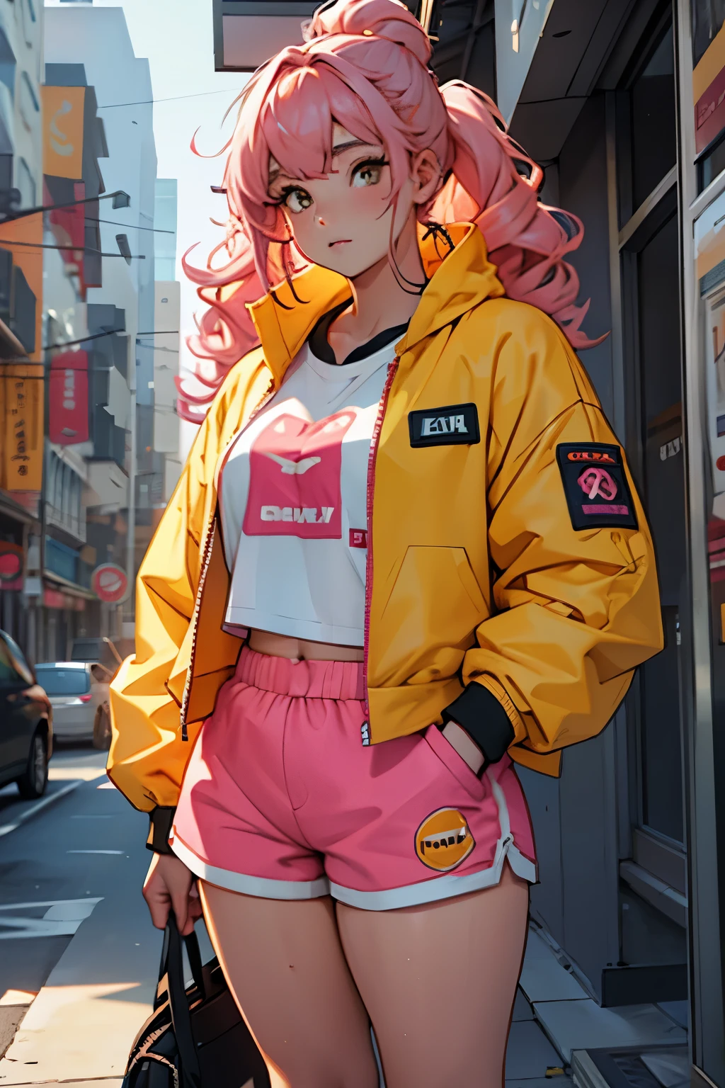 a teenage girl, 17 years old chubby pale girl , with a voluminous long curly cotton candy pink hair hair with babyhair and dressing a orange topcropped and a eletric blue plastic jacket and a yellow shorts, chubby body