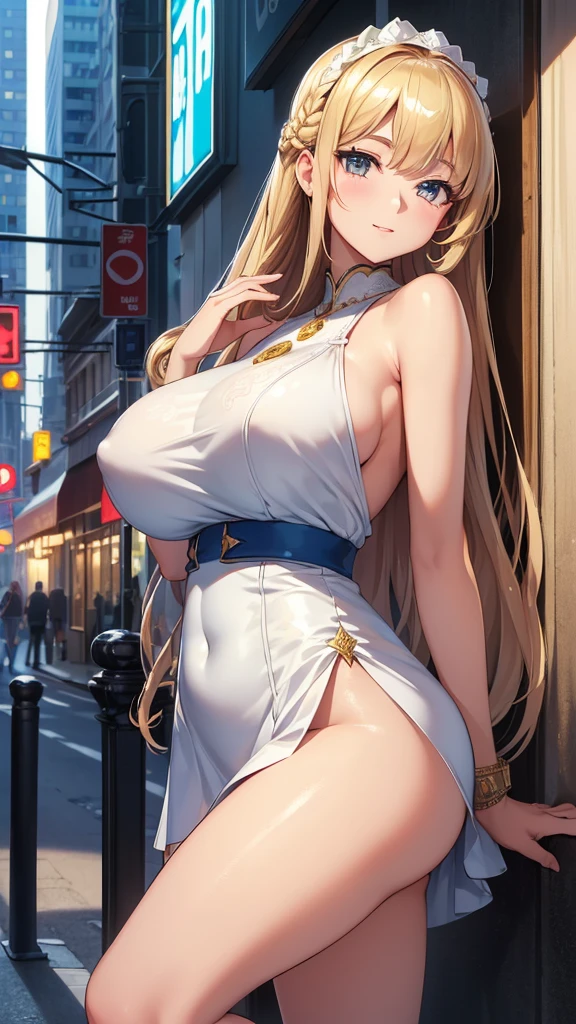(((masterpiece))), (((best quality))), ((ultra-detailed)), (illustration), ((an extremely delicate and beautiful)), ((super detail)), ((high resolution)), (((20 years old))), gleaming skin, shiny body, two legs, breast focus, (((tall))), slender legs, ((big round eyes)), cute eyes, drooping eyes, ((adult)), two hands, five fingers, no extra hands, elegant smile, braid, medium length hair, (ultra-huge breasts), safe for watch, (shining brightly), outdoor, mini skirt, city, daytime, ((metallic blue)),