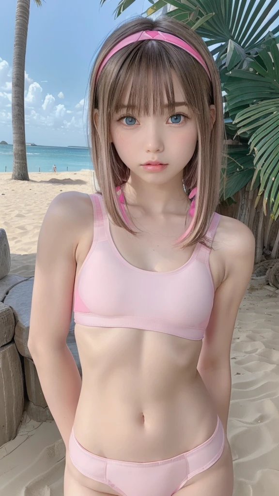 (((1 small cute girl/very flat chest/whole body))),(Under the palm trees),((innocent)),(((small body shape))),(((big blue eyes))),(Lightroom:1.13)、Soft Light、(Natural Skin Texture:1.2)、(Hyperrealism:1.2)、Sharp Focus、highest quality, Photorealistic, In 8K, High resolution, (Skin Dentition), (Portrait:0.6), Pure Eros Face_v1:1,(((10 year old innocent child))),(little cute girl),(((deep pink and hot pink combination sports bra  swimsuit/Small breasts:1.72))),((dark blonde long straight hair/hair band, Parted bangs:1.7)), (((Nipples are visible))),((undersized clothes)),(((reveal clothes))),(((Childish))),(((Loli))),(((spread legs))),(((the crack of the pussy))),(((Angle to peek inside the skirt))),(((really small breasts))),(((NSFW)))