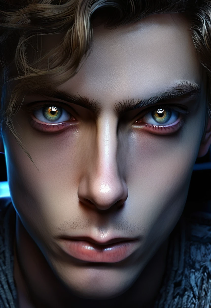 a young man with wide, intense eyes, sitting in front of a computer, detailed face, highly detailed, cinematic lighting, dramatic atmosphere, dramatic lighting, moody, dark shadows, photorealistic, digital painting, muted colors, masterpiece