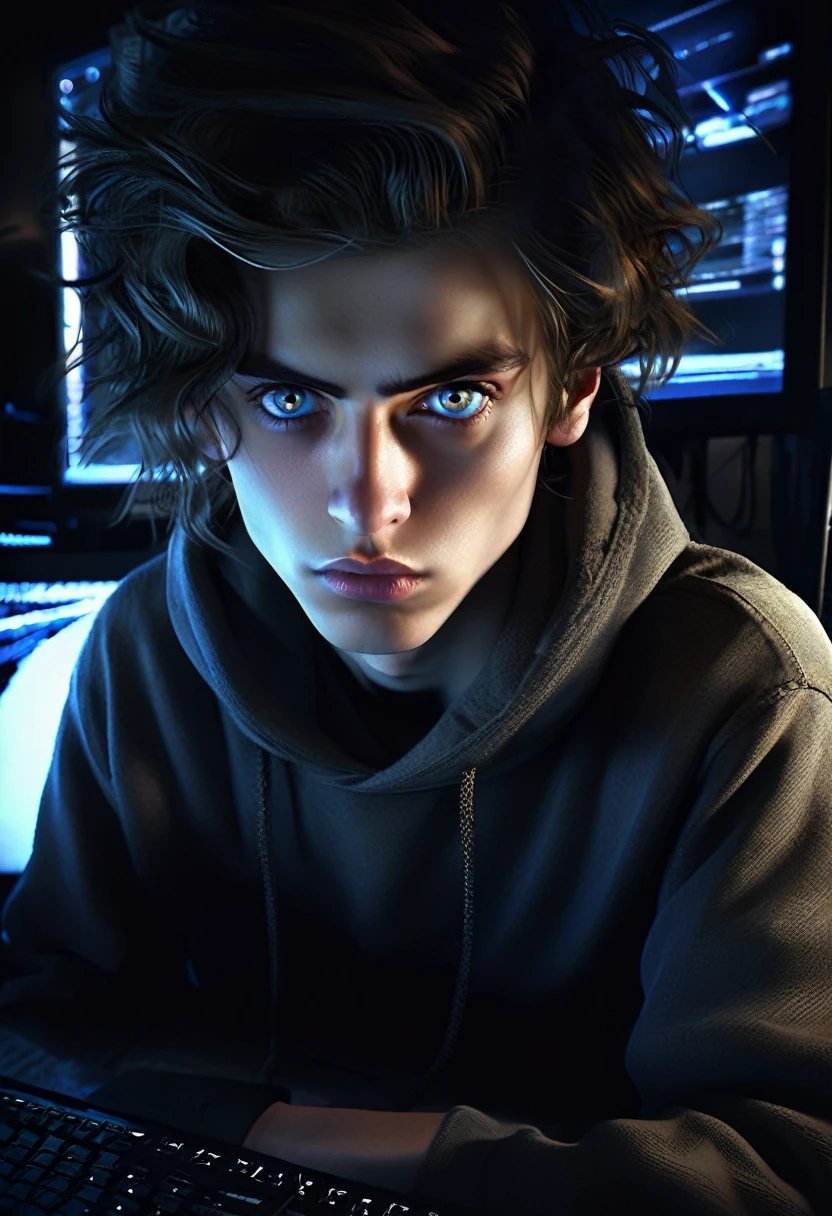 a young man with wide, intense eyes, sitting in front of a computer, detailed face, highly detailed, cinematic lighting, dramatic atmosphere, dramatic lighting, moody, dark shadows, photorealistic, digital painting, muted colors, masterpiece