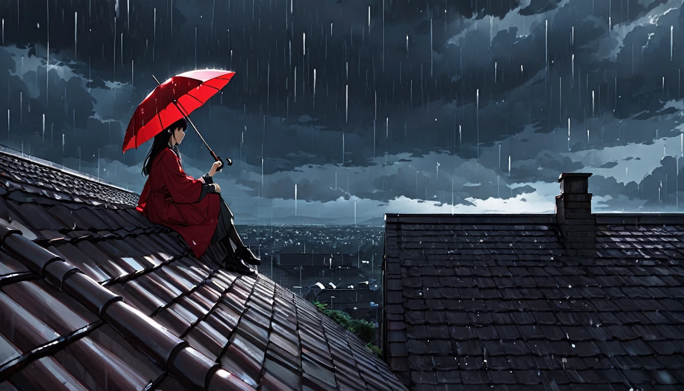 Ultra high definition animation. A girl sits with a red umbrella on a tiled roof with a chimney. The sky is full of dark clouds and it is raining.