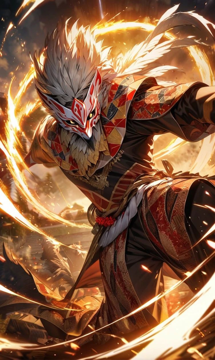 absurdres, highres, ultra detailed, HDR, masterpiece, extremely detailed face and eyes,Indonesian Super Hero costume,,red and white Garuda costume, Garuda eagle mask, , Indonesia batik pattern , solo, man, handsome, ,, , Epic fight scene, golden splashing effect, golden effect,glowing glitters