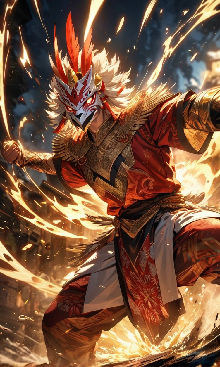 absurdres, highres, ultra detailed, HDR, masterpiece, extremely detailed face and eyes,Indonesian Super Hero costume,,red and white Garuda costume, Garuda eagle mask, , Indonesia batik pattern , solo, man, handsome, ,, , Epic fight scene, golden splashing effect, golden effect,glowing glitters