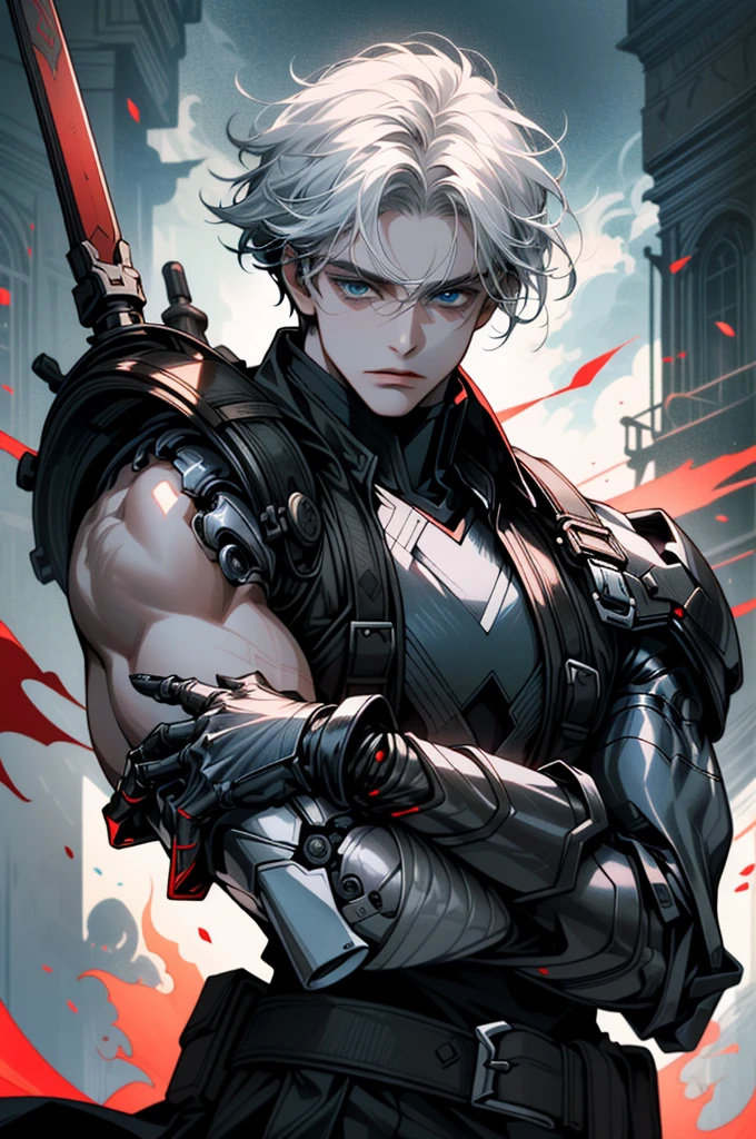 ((ultra detailed, masterpiece, absurdreBBarnes, 1boy, single mechanical arm, white hair, blue eyes, fantasy world, half body, Three red cores fixed on both forearms