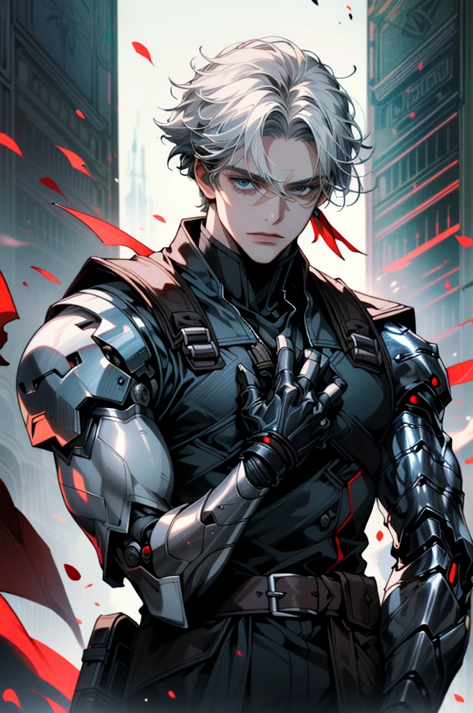 ((ultra detailed, masterpiece, absurdreBBarnes, 1boy, single mechanical arm, white hair, blue eyes, fantasy world, half body, Three red cores fixed on both forearms