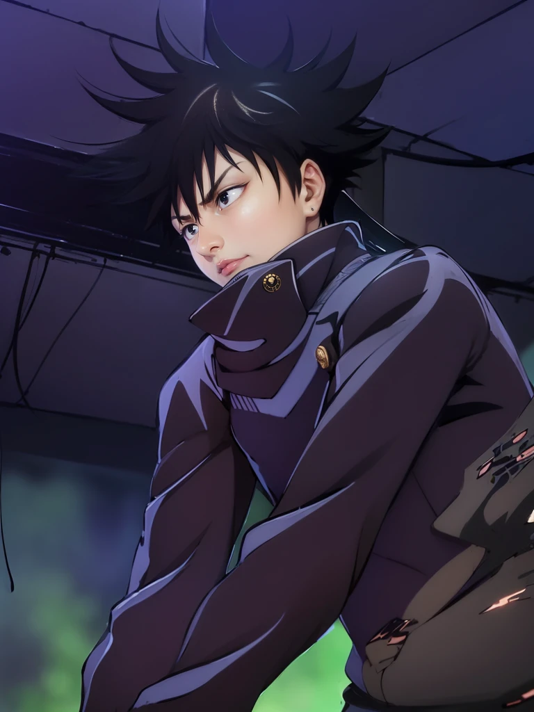 masculine male, masterpiece, ((perfect eyeest quality, (semirealism:1.9), beautiful lighting, (extremely detailed CG unity 4k fhd wallpaper), High Detail, Sharp focus, dramatic outdoors, 1 boy ,19 years old, black hair, light purpel eyes.