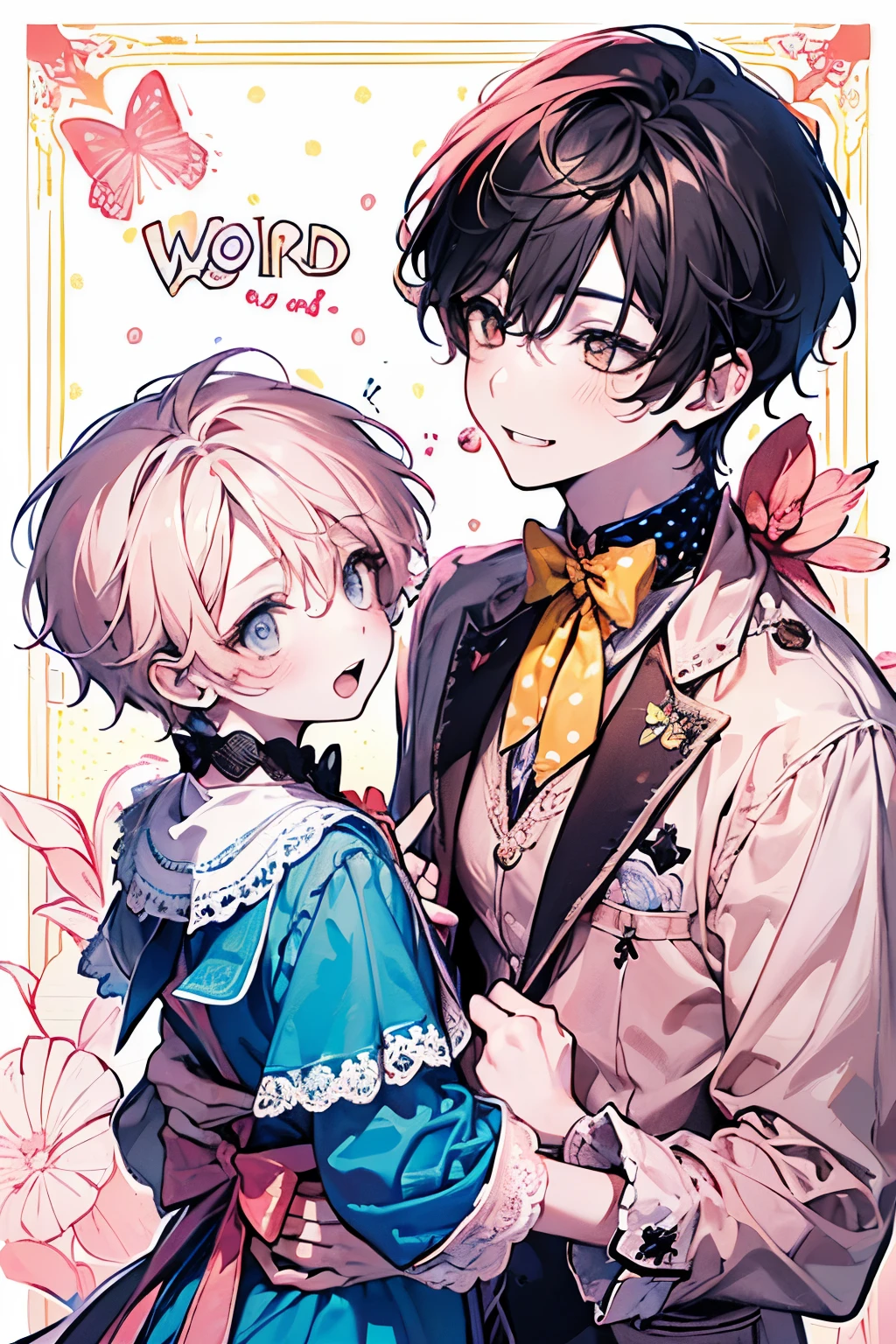 ((Twin boys:1.3)),((It's a Small World:1.3)),Princess style from the fairy tale world,alice in wonderland,cheshire cat,close up of face,(polka dot background:1.2),red and white and pink and yellow,(look up:1.15),(plump cleavage),Absolute area:1.3),(blush、Shy laugh)