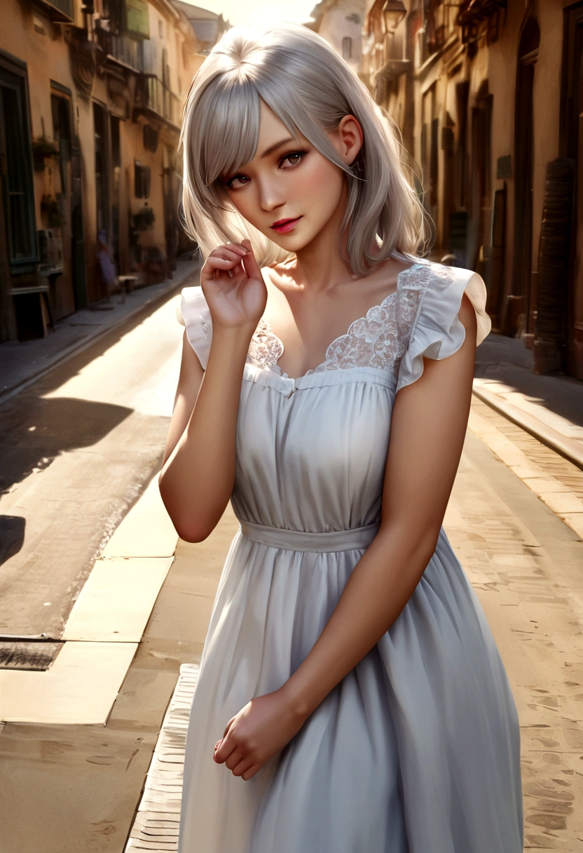 Silver-haired woman in a dress, 1woman, Single, Sun dress, photoreal, realism, real, the human