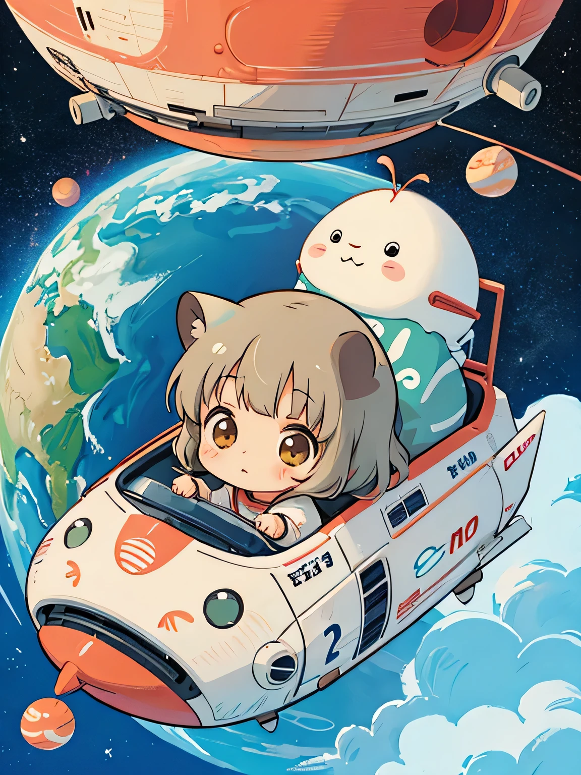 Hayao Mayazaki style, Kawaii Design, The most beautiful girl of all time、Chibi, totoro, Space Travel, Mars, Spaceship