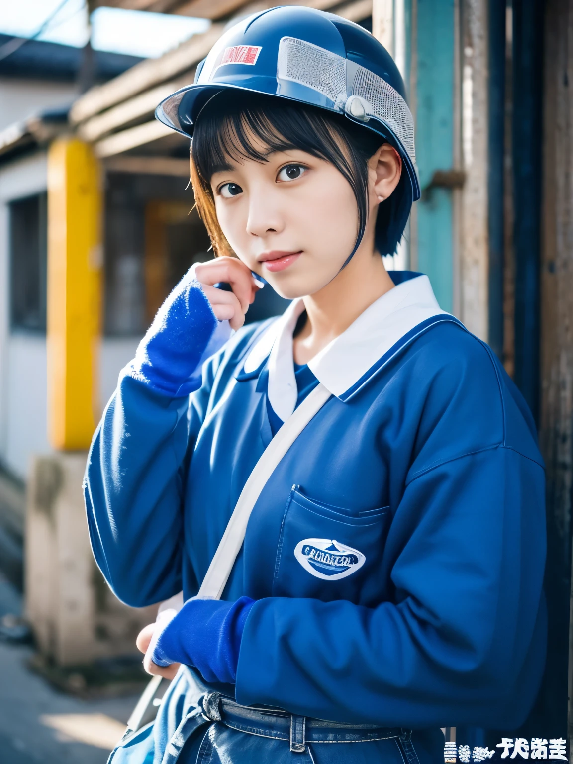 Nagano City, Nagano, Very Short Hair, 25 years old, Blue workwear, Long sleeve, Stick out your ears, gloves, tool, Helmet, Work hat, whole body, Gaze Right, Pipe wrench