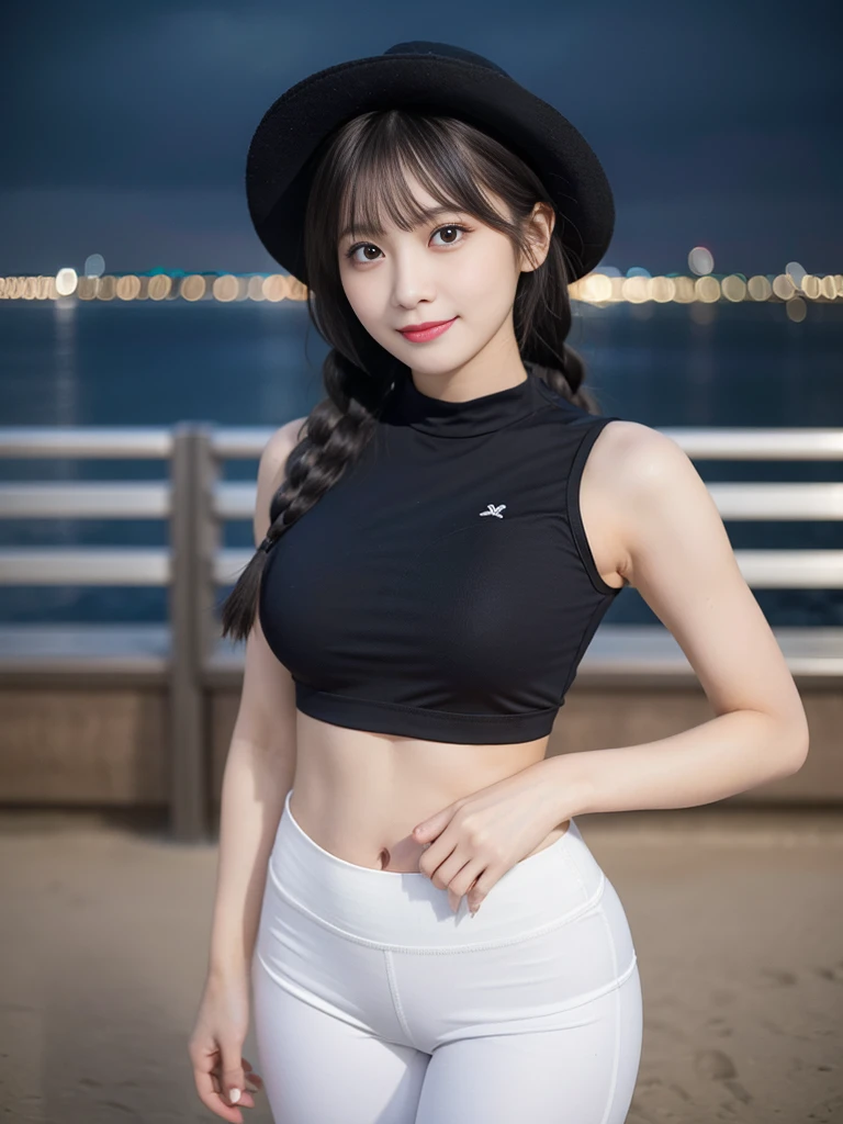 highest quality, masterpiece,1 girl , ,short, Big , Gray hair,Two low braids, Purple eyes, Yukinekris, Thin double braids,, Beach, Ocean, White dress, White dress, White dress , Straw hat, (((shy) ) ), (Happiness), summer, From above, Reaching out, smiling, Realistic photo, (A beautiful woman:1.33), beautiful expression, (delicate eyes:1.3), (delicate face:1.3 ) , Smile, (shiny hair:1.2), Super detailed , high resolution, Sporty figure, (big breasts:1.25), (long hair:1.2), (beautiful woman), ( Navel cute:1.2), (Depth of field f/1.8:1.45 ), sharp focus, original photo , (Thin black shirt:1.45), (Thin white pants:1.4), (Thin tight black pants:1.4 ), (sports bra:1.4), (Thick thighs:1.5), (Forward facing:1.25), (cowboy shots:1.4), (Night sports:1.4), (dark sky:1.5 ),
