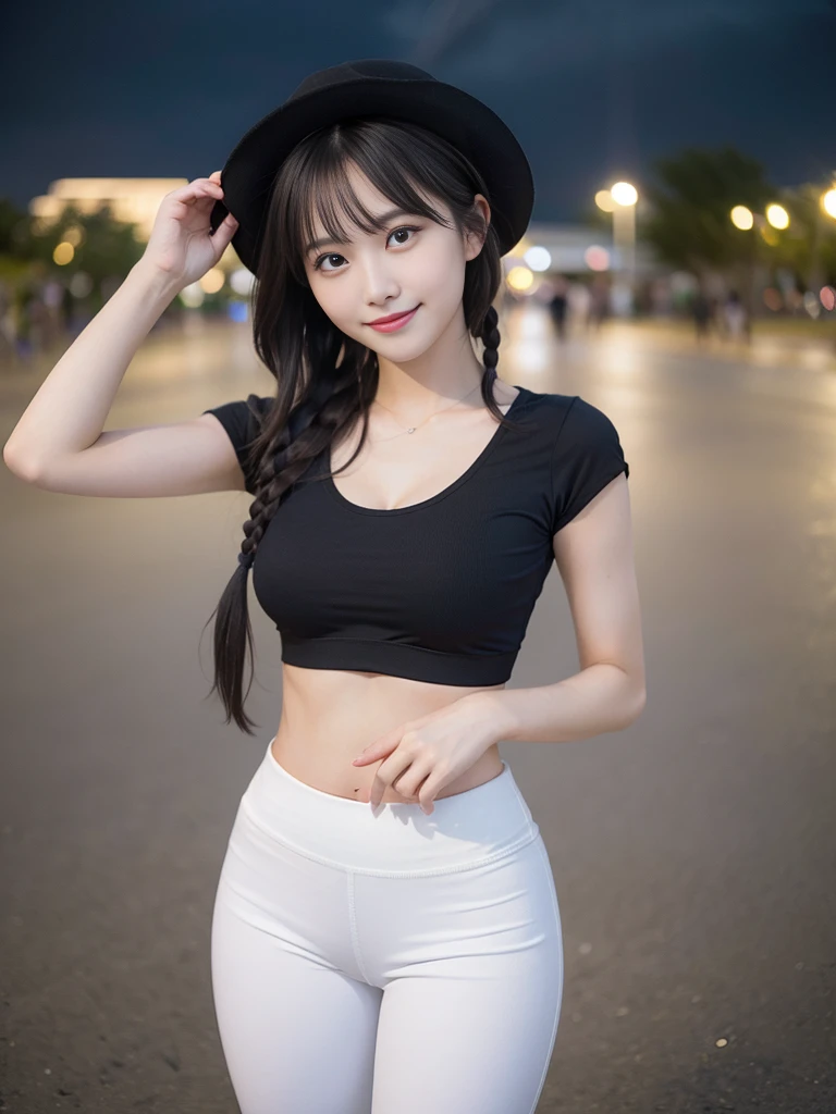 highest quality, masterpiece,1 girl , ,short, Big , Gray hair,Two low braids, Purple eyes, Yukinekris, Thin double braids,, Beach, Ocean, White dress, White dress, White dress , Straw hat, (((shy) ) ), (Happiness), summer, From above, Reaching out, smiling, Realistic photo, (A beautiful woman:1.33), beautiful expression, (delicate eyes:1.3), (delicate face:1.3 ) , Smile, (shiny hair:1.2), Super detailed , high resolution, Sporty figure, (big breasts:1.25), (long hair:1.2), (beautiful woman), ( Navel cute:1.2), (Depth of field f/1.8:1.45 ), sharp focus, original photo , (Thin black shirt:1.45), (Thin white pants:1.4), (Thin tight black pants:1.4 ), (sports bra:1.4), (Thick thighs:1.5), (Forward facing:1.25), (cowboy shots:1.4), (Night sports:1.4), (dark sky:1.5 ),
