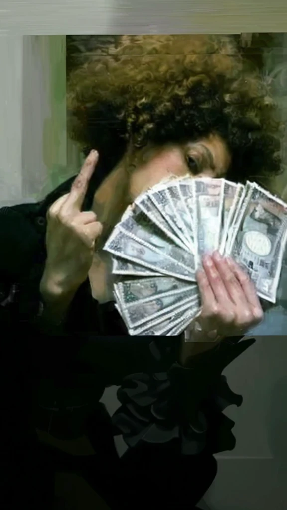 (best quality,4k,8k,highres,masterpiece:1.2),ultra-detailed,realistic,photorealistic:1.37, portrait, money fan covering her face, middle finger, curly afro