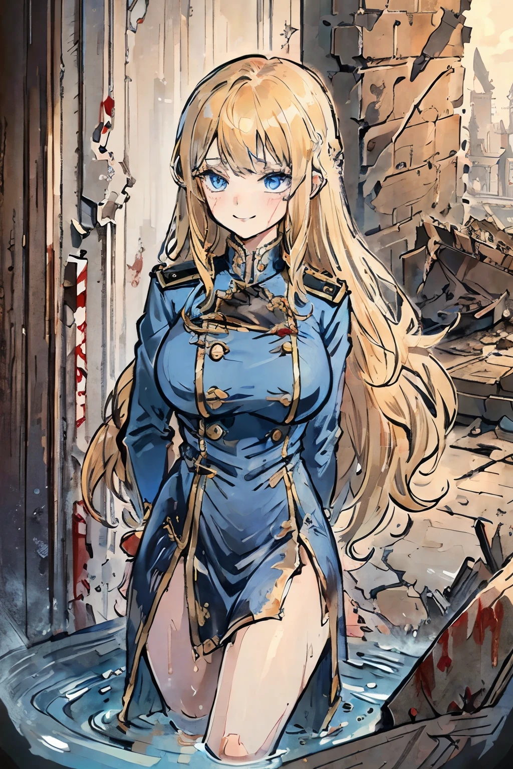 1girl, Full body, Description Girls, detail hands, Detail fingers, Detail Face, cute face, detail legs, overdetailed art, Fine details, blonde hair, wavy hair, long hair, blue eyes, smile, ((ruin)), blue military uniform, ((bloody body)), horor