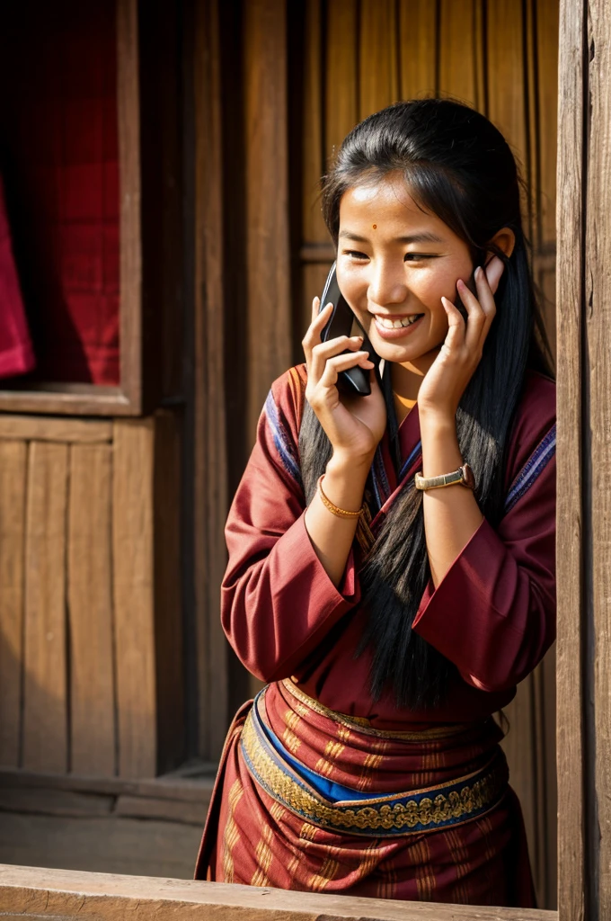 A Bhutanese beautiful girl calling her husband on the phone with a smile