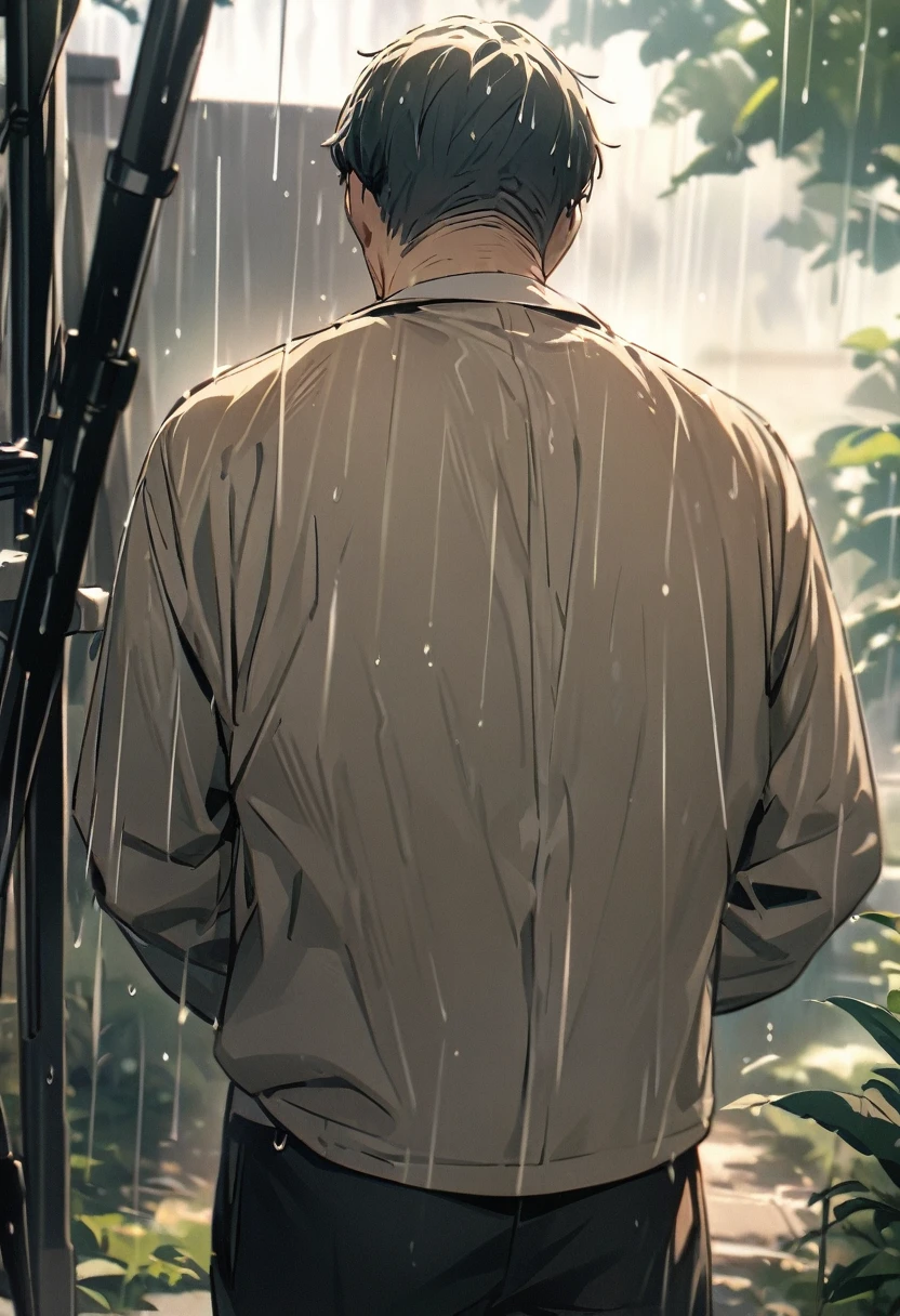(masterpiece, best quality:1.2),father,tired,Back(Behind the scenes:1.2),,outdoor,rain(8K)(HD)