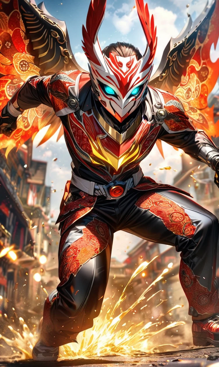 absurdres, highres, ultra detailed, HDR, masterpiece, extremely detailed face and eyes,Indonesian Kamen rider,Epic wings,red and white Garuda Kamen rider costume, Garuda Kamen rider mask, , Indonesia batik pattern , solo, man, handsome, ,, , Epic fight scene, golden splashing effect, golden effect,glowing glitters