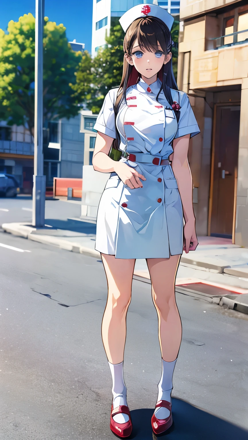 (manga:1.4),(full body :1.4), ( Nurse uniform)、(Nurse uniform)、(Nurse's tools)、solo, looking at viewer/look at viewer, medium hair, leaning forward, huge breasts, real young girl, lanky, pale skin, light makeup, clear sky, shiny skin, japanesemasterpiece)), (detailed), 1girl,