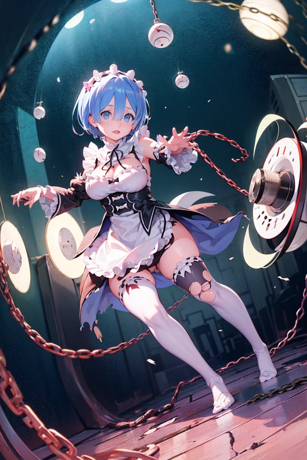 Plump、Fighting Pose、Weapons Morningstar、Underground Prison、((The floor beneath my feet is crumbling))、((((Rem in chains)))),(((((Fisheye Lens)))))、((Super huge breasts))、(((Plump thighs)))、(((Rem from Re:Zero)))、looking at the camera、High qualityHigh quality、8ｋ、(((((Full body description)))))、Chest、Fantastic、(((((Torn maid uniform)))))、looking at the cameraで、barefoot、(((Tall Rem)))、Sweat splashes、Clothes are ripped off,(Torn knee-high socks)、