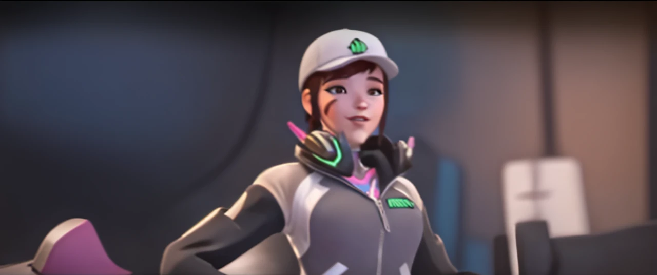 DVA from Overwatch without her roboter, 1 girl solo in her bedroom, a white t shirt, round glasses, tied up short brown hair