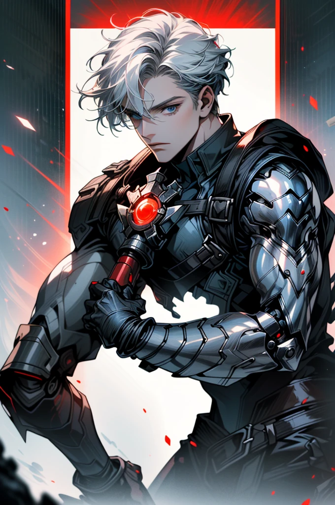 ((ultra detailed, masterpiece, absurdreBBarnes, 1boy, single mechanical arm, white hair, blue eyes, fantasy world, half body, Three red cores fixed on both forearms