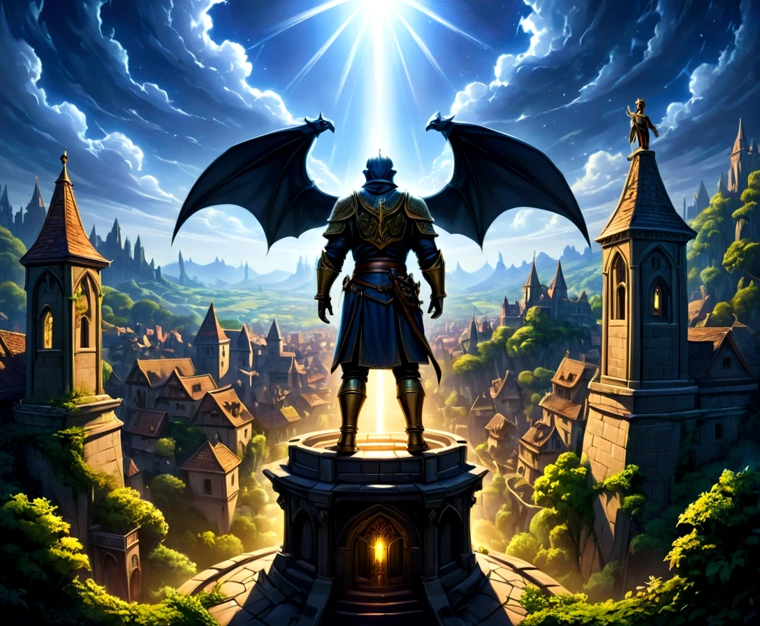a view of fantasy medieval city, taken from the top of church of , at night, the shot taken while standing behind the statue of a gargoyle on the roof, 16K, ultra detailed, masterpiece, best quality, (extremely detailed), arafed, dnd art, god rays, cinematic lighting, glowing light, silhouette, from outside, photorealism, panoramic view (Masterpiece, intense details: 1.5) , Wide-Angle, Ultra-Wide Angle, dark novel