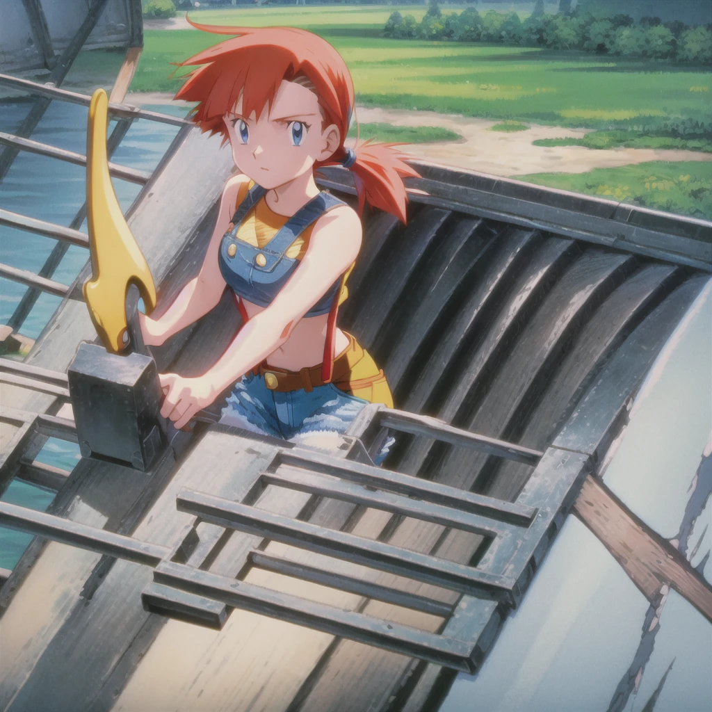 best quality,masterpiece,pokemovies, 1girl, solo,misty \(pokemon\), orange hair, short hair, high ponytail, blue eyes, suspenders, yellow crop top, sleeveless, denim shorts, cowboy shot
