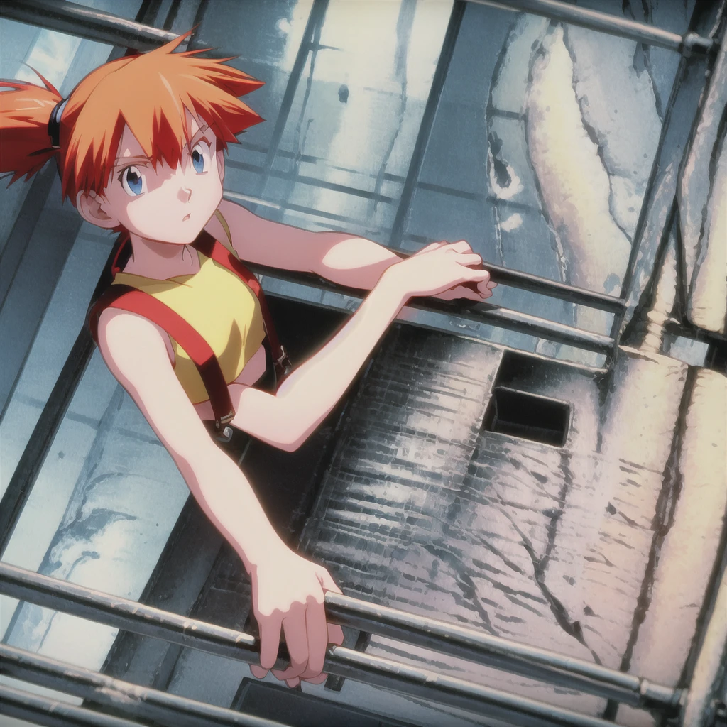best quality,masterpiece,pokemovies, 1girl, solo,misty \(pokemon\), orange hair, short hair, high ponytail, blue eyes, suspenders, yellow crop top, sleeveless, denim shorts, cowboy shot