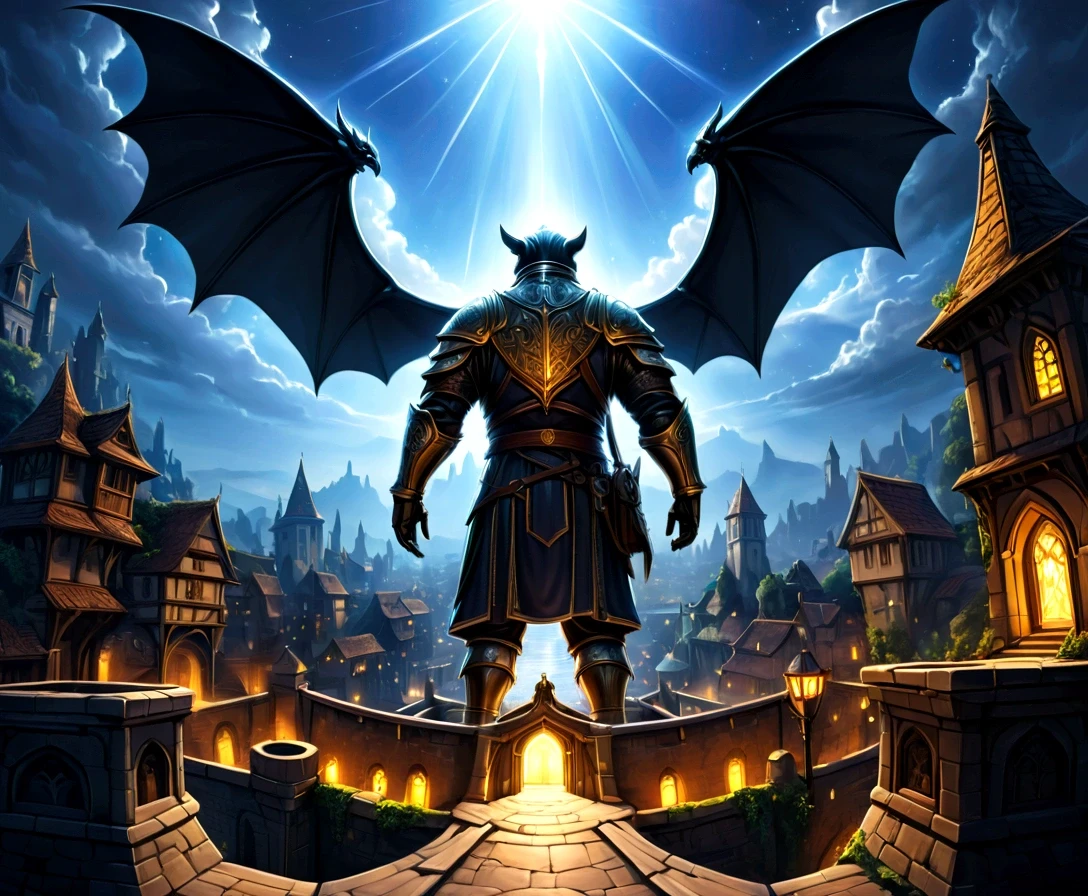 a view of fantasy medieval city, taken from the top of church of , at night, the shot taken while standing behind the statue of a gargoyle on the roof, 16K, ultra detailed, masterpiece, best quality, (extremely detailed), arafed, dnd art, god rays, cinematic lighting, glowing light, silhouette, from outside, photorealism, panoramic view (Masterpiece, intense details: 1.5) , Wide-Angle, Ultra-Wide Angle, dark novel