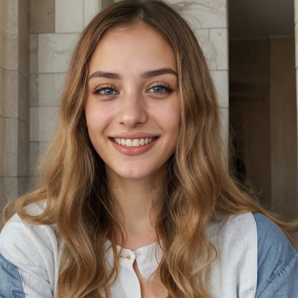 one cute women, 22YO, white, Arab, cute face, realistic brown eyes, blue jacket, blonde/brown hair, cute smile, skinny face, white realistic teethes, big eyes, long hair, no hands