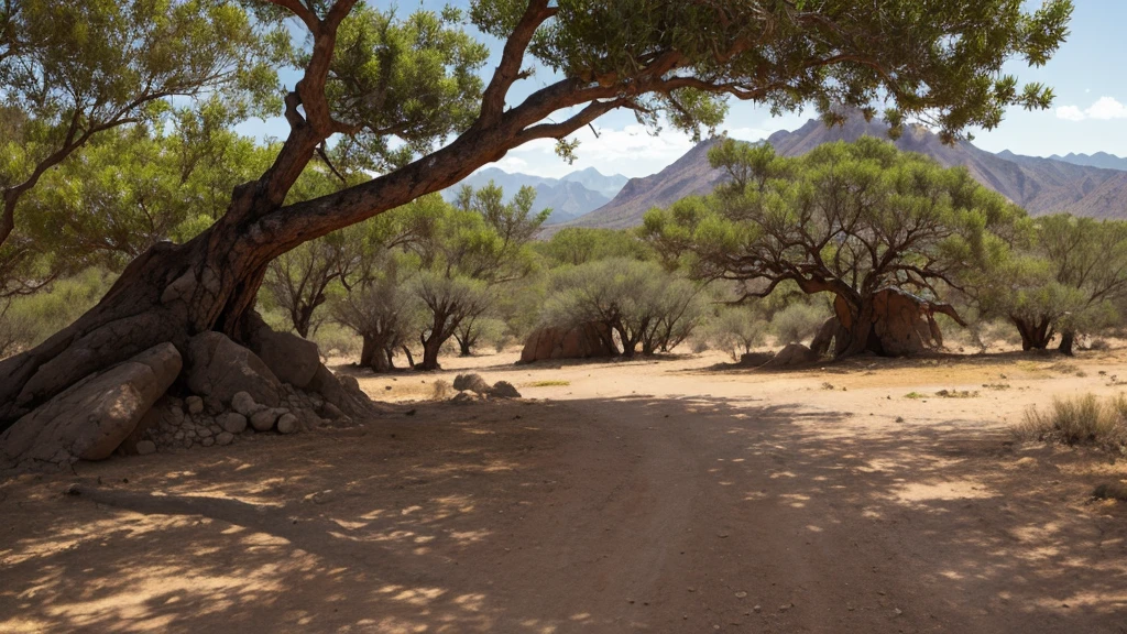 Um deserto de pedras, existem montanhas no horizonte, you are at the base of the mountains, there a black tree, silver drips from the tree's green buds, liquid metal drips down the branches, hardening around the roots like sparkling ice.