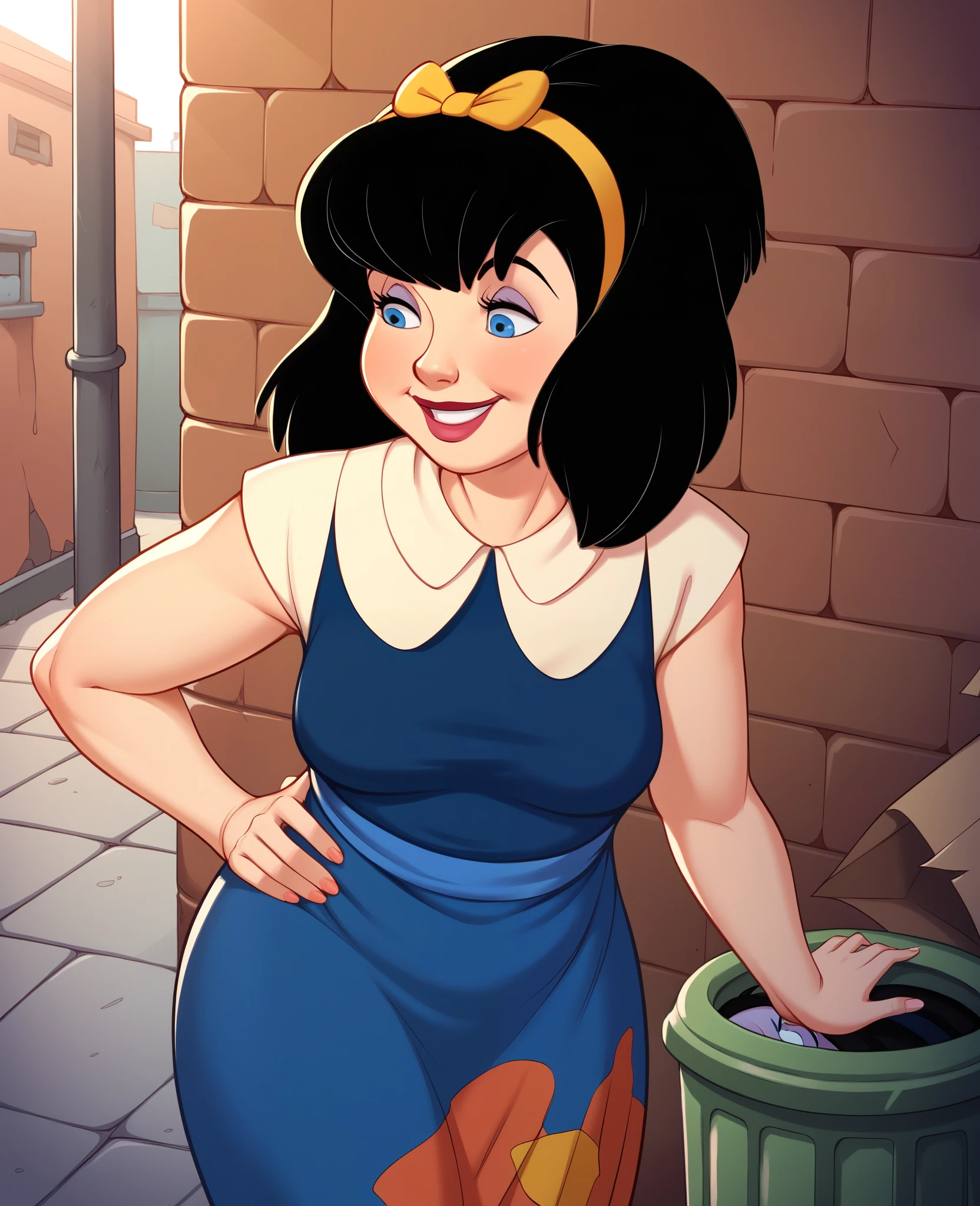 score_9, score_8, score_7, BREAK, 1 woman, adult female , mature woman body, anne-marie, medium breasts, chubby hips, black hair, long hair, hairband, blue eyes, dress, smile, outdoors, back alley, trash can