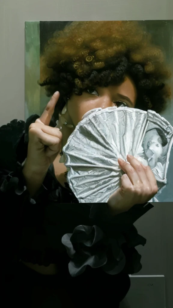 (best quality,4k,8k,highres,masterpiece:1.2),ultra-detailed,realistic,photorealistic:1.37, portrait, money fan covering her face, middle finger, curly afro