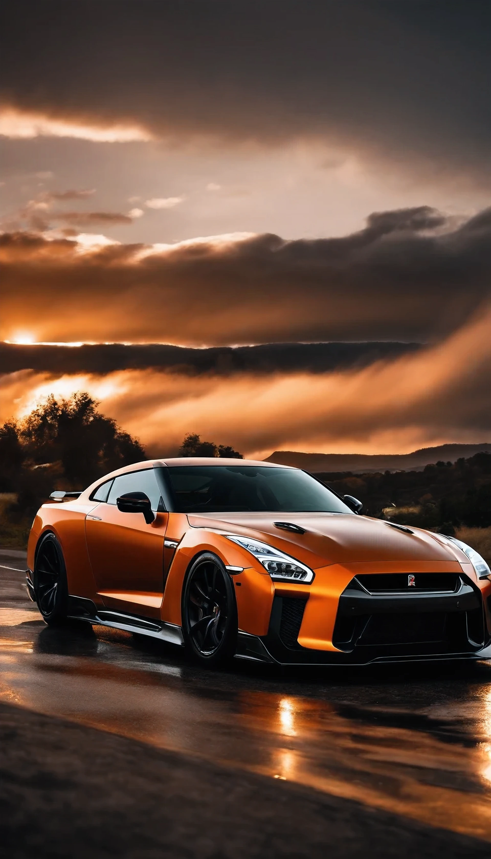 Gtr car 8k photo was generated (colour was black and orange) and the weather like rainy also cars headlight was on