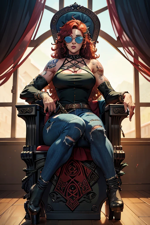 Red Head Girl with curly hair and tattoos of roses in shoulders and forearms,(((Full Body))) wearing blue top and ripped jeans, (((Sitting on a Throne))), sunglasses, carrying a katana. ((Sexy legs)) She has one eye of each color: Green on The light, blue on The left. Witch/Celtic wearstyle, in Brazil. The scene should be in Cinematic's distinctive real life style, focusing on the characters' expressions, colors naturals and detailed textures characteristic of the animations.
