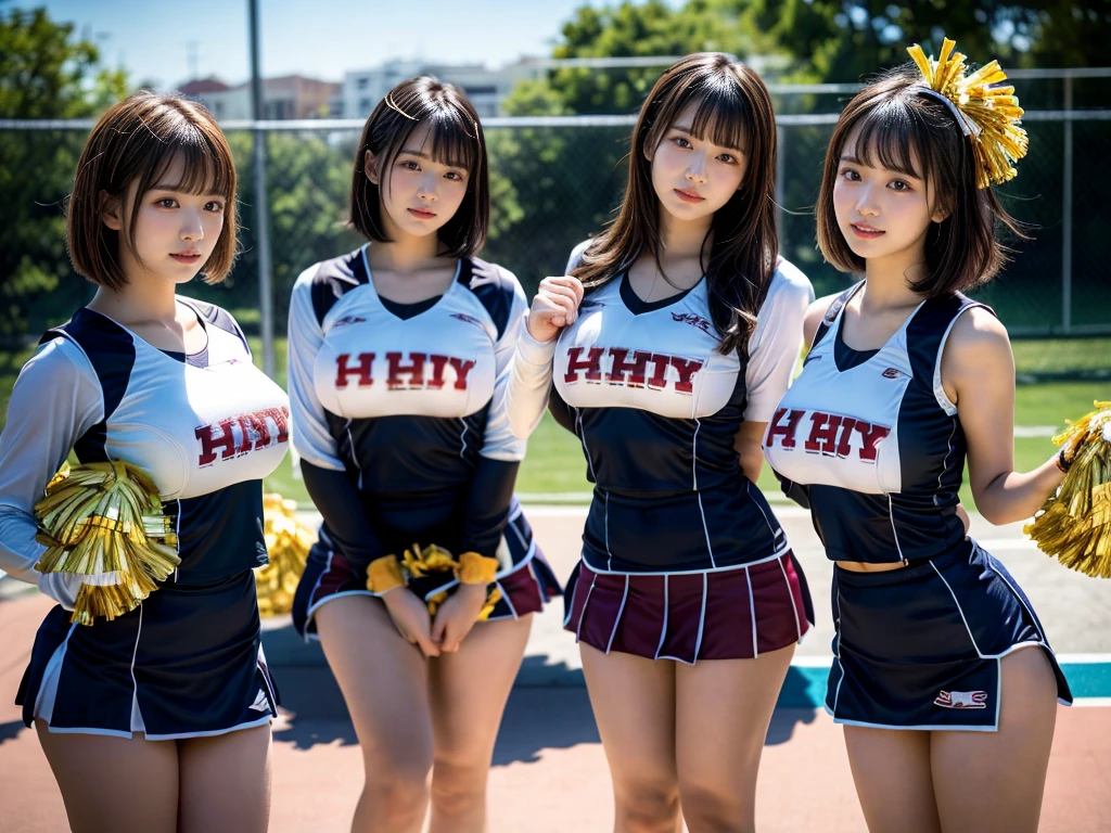 (RAW photo, 4k, masterpiece, high resolution, extremely complex) (realistic: 1.4), cinematic lighting
((2 girls, 2 schoolgirls)),blushing,((innocent)),bright eyes,round eyes,blunt bangs,(short bob hair:1.3),black hair,large breasts,wide hips,Summer Noon, ,Hot, (Best Quality), (Highres), (an Extremely Delicate and Beautiful),(Beautiful 8k face),(Brown eyes),( spectators),(gigantic breasts),(Play with each other,Touching each other's bodies,Touching the body),(cheer girl:1.5),(a miniskirt),(reality),bright lighting,(The background is a luxury hotel room)