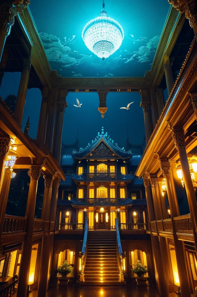 Real、high quality images、gorgeous、night、豪華なnight景、White and gold neon lightS、luxuriouS palace、Trick Art、EScher、Ultra-wide-angle lenS、bird'S'S point of view