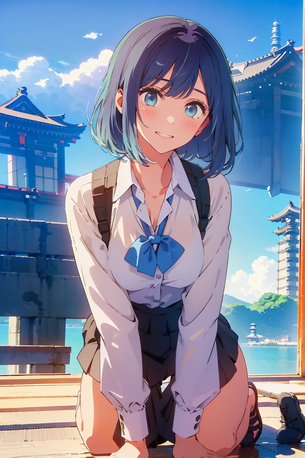 highest quality,8k,detailed,F cup bust、Big Breasts、Very cute face、White shirt、Black Skirt、Black knitted vest、Blue tie、Beautiful thighs、Best Beautiful Legs、Slim and beautiful arms、Slim body、Very white beautiful skin、((((1 person、looking at the camera、smile、smile、Tokyo buildings in the background、On all fours、Tokyo Coast))))、I can see the deep blue sky、The atmosphere is bright and lively、The woman is at the center of the image。