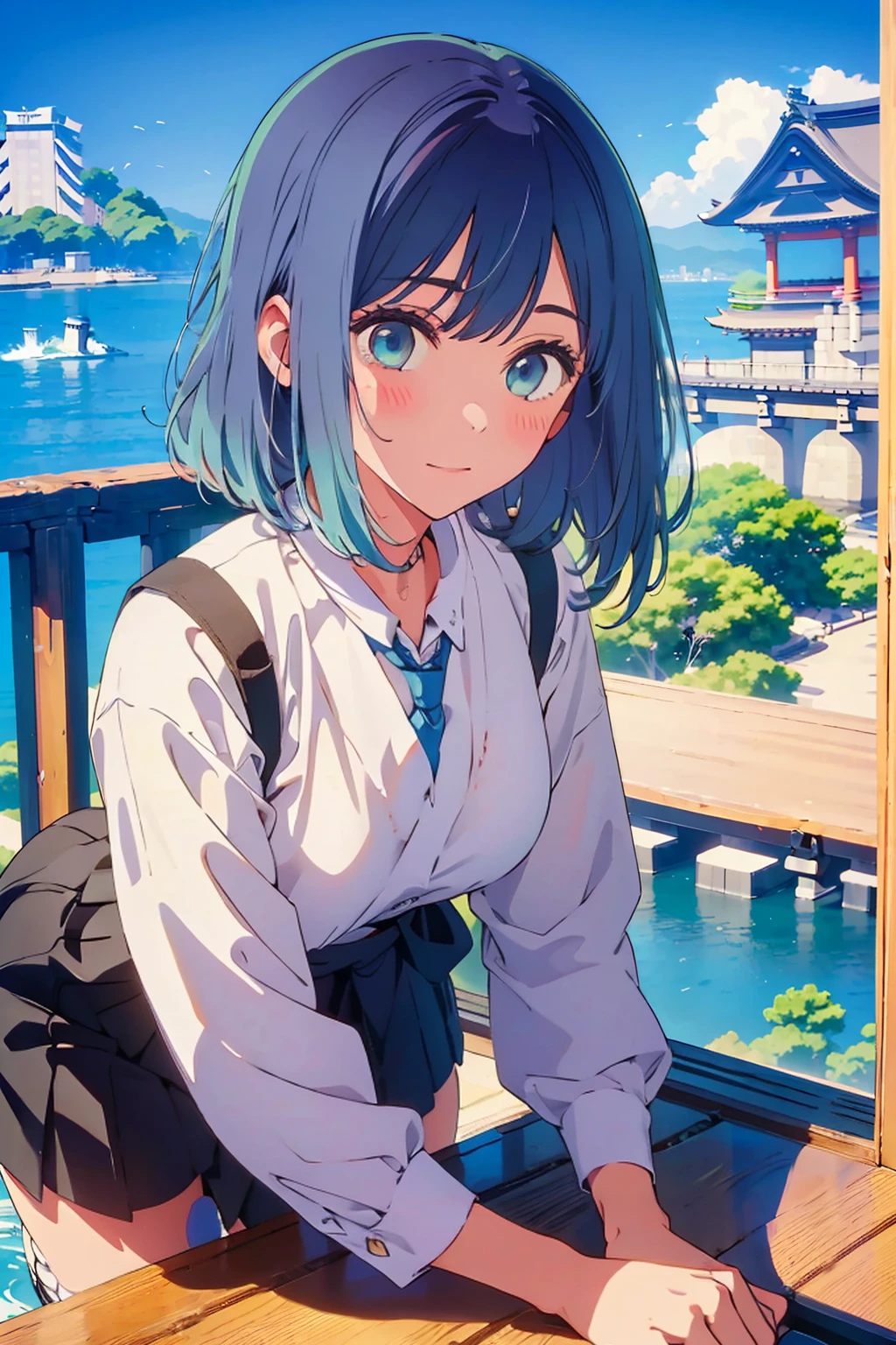 highest quality,8k,detailed,F cup bust、Big Breasts、Very cute face、White shirt、Black Skirt、Black knitted vest、Blue tie、Beautiful thighs、Best Beautiful Legs、Slim and beautiful arms、Slim body、Very white beautiful skin、((((1 person、looking at the camera、smile、smile、Tokyo buildings in the background、On all fours、Tokyo Coast))))、I can see the deep blue sky、The atmosphere is bright and lively、The woman is at the center of the image。