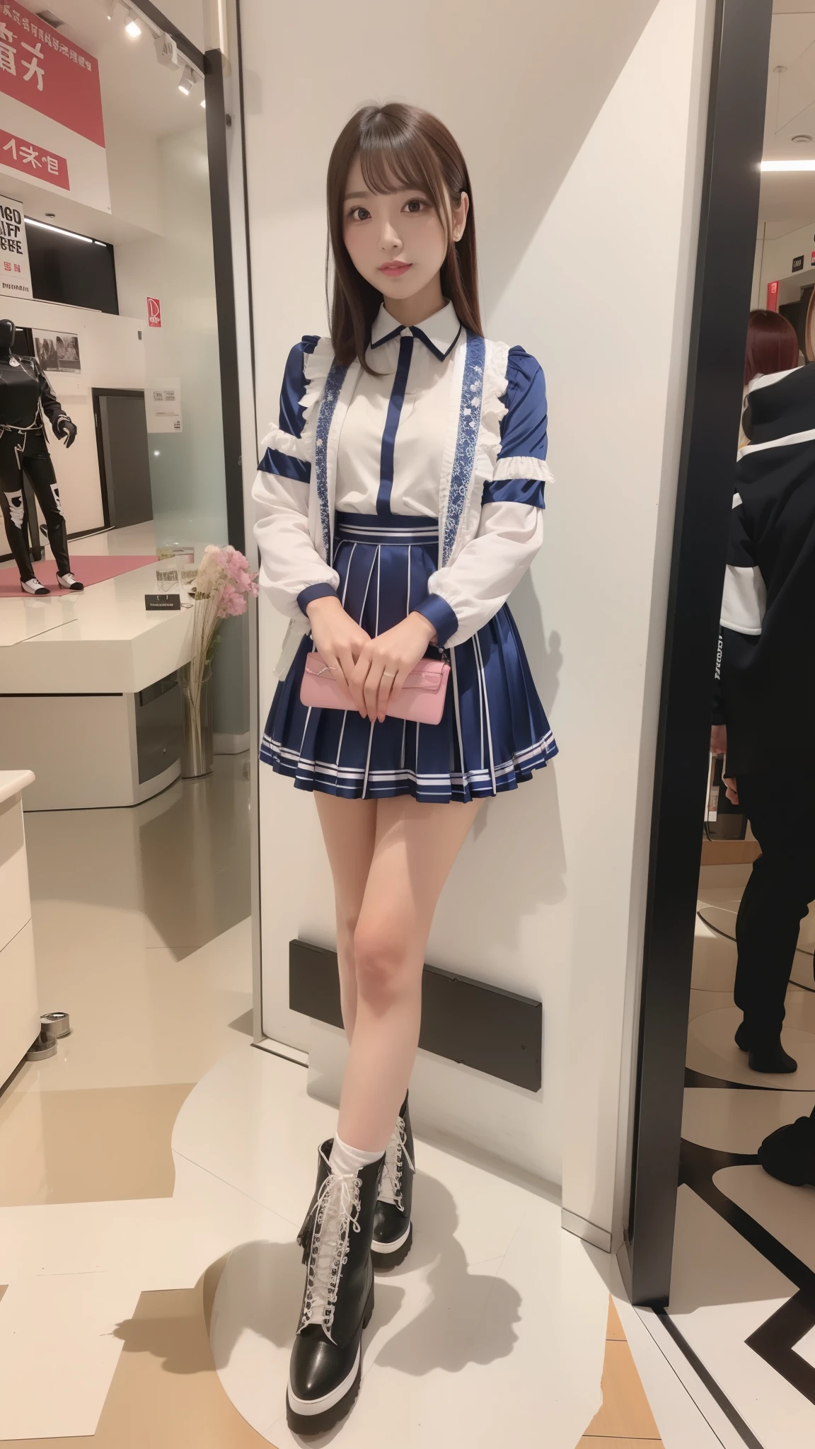 Costume like a idol, blue and white half sleeve Jacket, pink satin ruffled blouse, White and pink stripe pleated skirt, white lace up boots