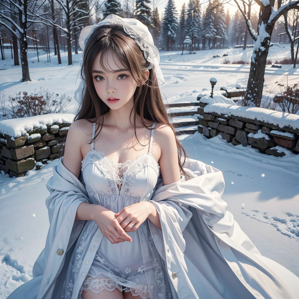 8K, best qualtiy, masterpiece, photograph realistic, Hide your face with happiness, medium breasts, silver Lolita costume, silver Lace, Aerith Gainsborough, whole body, undergarments, exposed bare shoulders, do lado de fora, outside, Covered with snow, cloaks, high high quality, Adobe Lightroom, skin with high detail, look at the viewer, exhibitionist, pervert, show panties, lowered panties, horny exhibicionist girl, (transparent underwear), excited smile, transparent panties, visible genitals through the transparent panties, (dominant girl), seduce