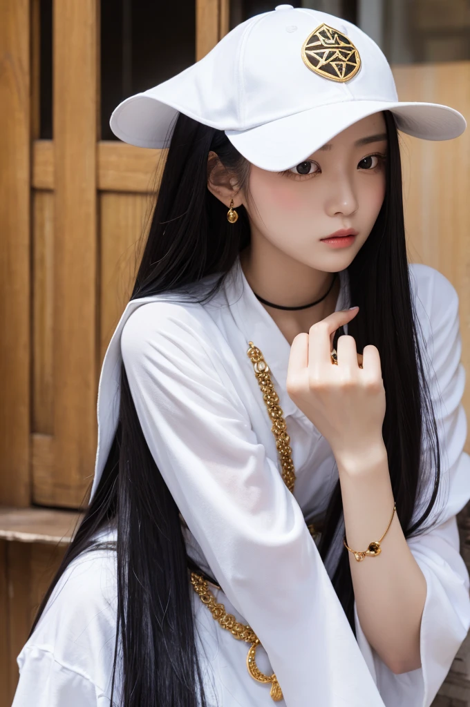 A girl has a hat、White clothes、Highest quality、Location: Outdoors、clean、Long Hair