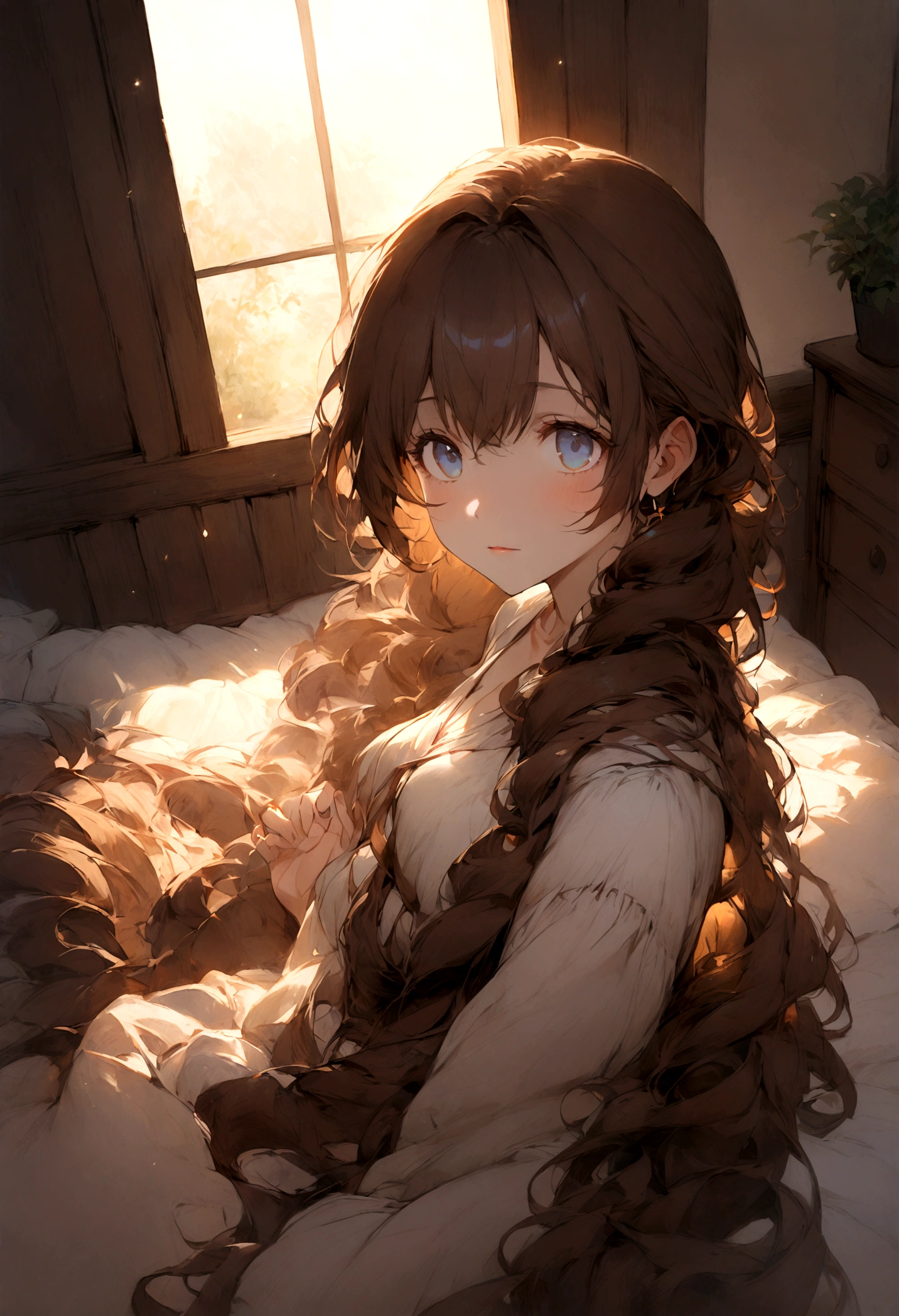 1girl, long brown hair tangled around her shoulders like a rich, chestnut-brown waterfall, big blue eyes half-closed, gazing up at the ceiling as she basks in the warm, sun-kissed light,Soft, golden light streaming through the window, casting a warm glow on the bedroom