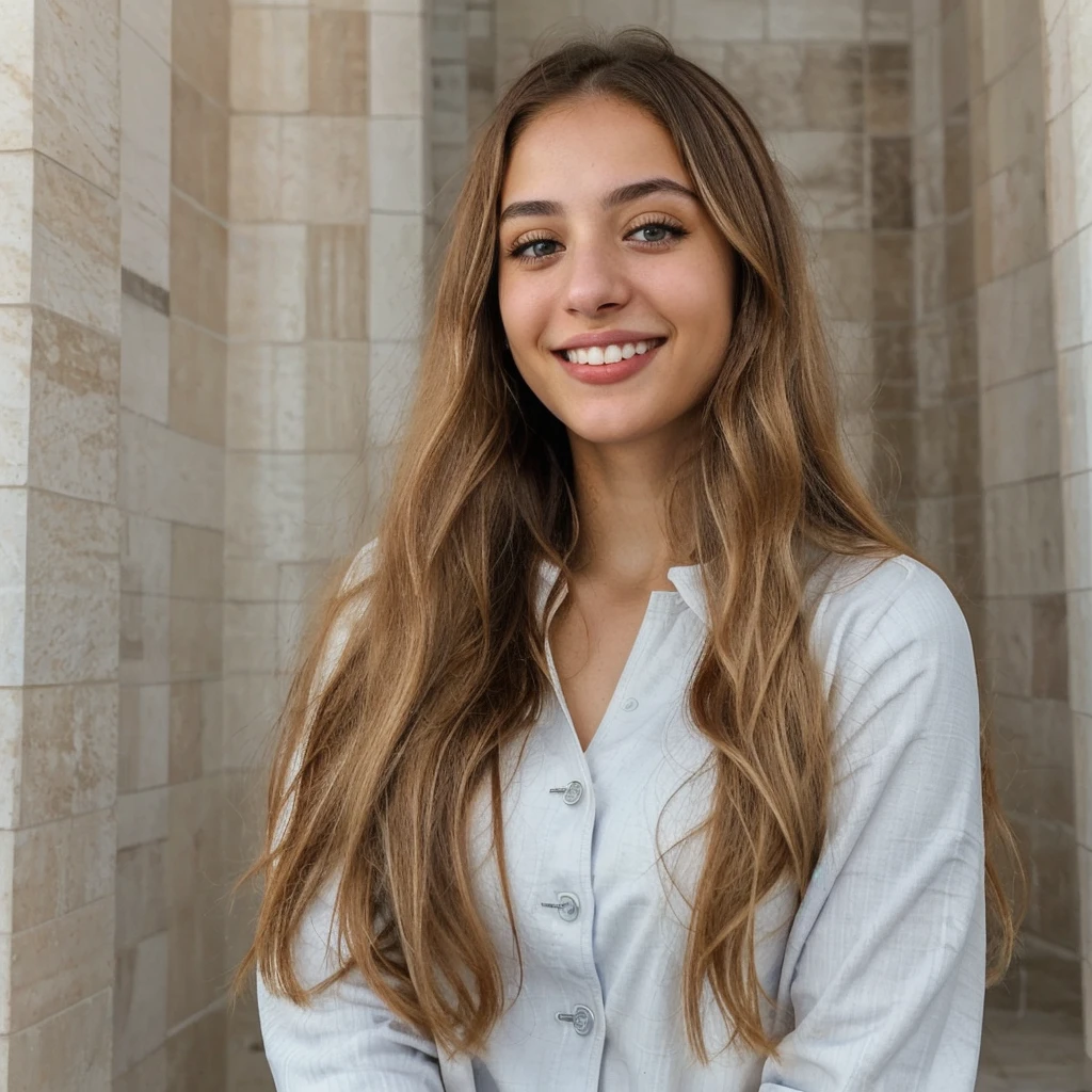 one cute women, 22YO, white, Arab, cute face, realistic brown eyes, blue jacket, blonde/brown hair, cute smile, skinny face, white realistic teethes, big eyes, long hair, no hands