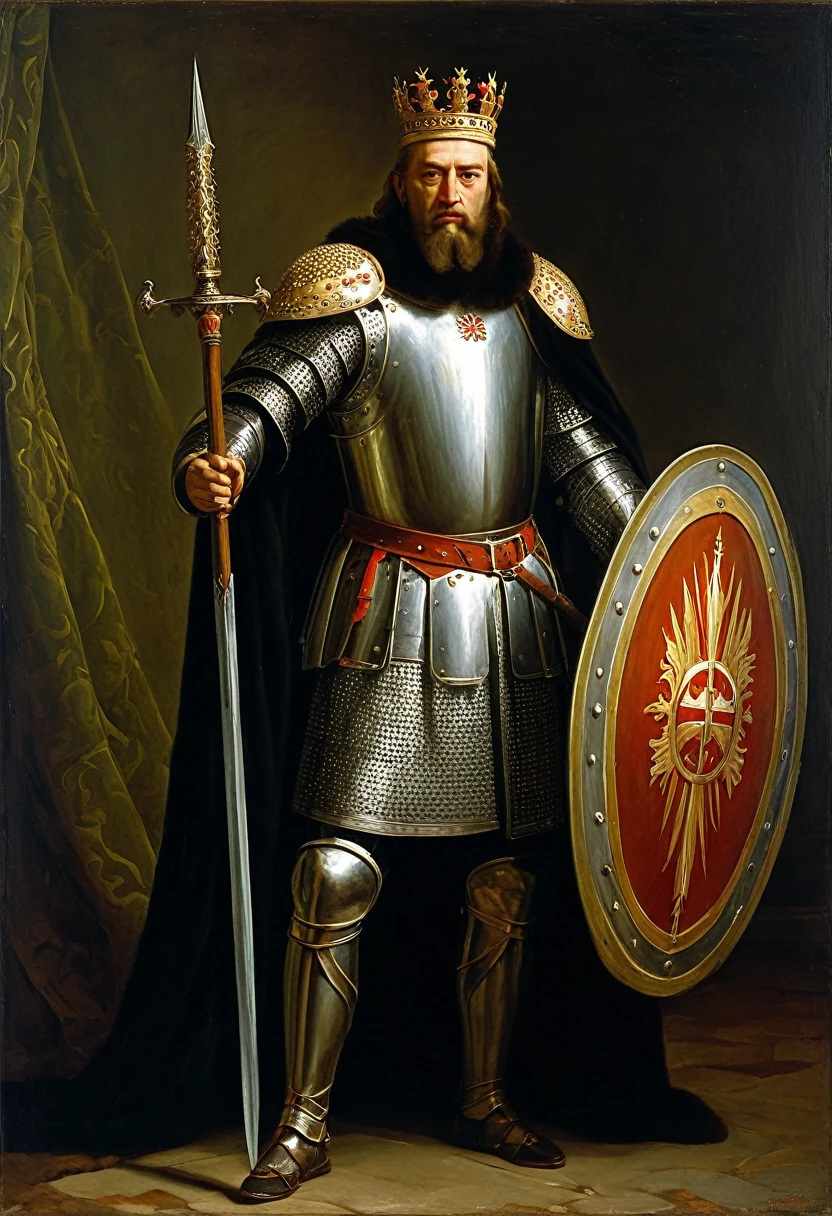 painting of a man in a crown holding a sword and a shield, by Roman Bezpalkiv, great king of stovokor, by Vladimir Borovikovsky, by Líviusz Gyulai, by Andrzej Wróblewski, by Vladimir Novak, by György Thickh, by Jan Stanisławski, holding his trident