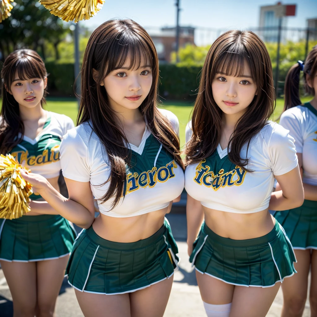 (RAW photo, 4k, masterpiece, high resolution, extremely complex) (realistic: 1.4), cinematic lighting
 ((2 girls, 2 schoolgirls)),blushing,((innocent)),bright eyes,round eyes,blunt bangs,(short bob hair:1.3),black hair,large breasts,wide hips,Summer Noon, ,Hot, (Best Quality), (Highres), (an Extremely Delicate and Beautiful),(Beautiful 8k face),(Brown eyes),( spectators),(gigantic breasts),(Play with each other,Touching each other's bodies,Touching the body),(cheer girl:1.5),(a miniskirt),(reality),bright lighting,(The background is a luxury hotel room)