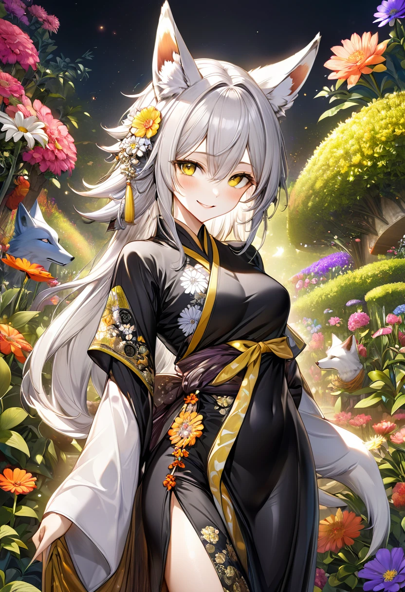 (masterpiece, highest quality, highest quality, Official Art, beautifully、aesthetic:1.2), (1 Men:1.3), (Fractal Art:1.3), highest quality, Realistic, Super detailedな, (Shiny skin:1.4), View Viewer, thin,alone, Silver Hair、Golden Eyes、Dynamic Lighting, High resolution, Sharp focus, Depth of written boundary, Side bust, Fox Ears、animal, Wolf Ears, masterpiece, highest quality, Super detailed, figure, Super detailed face, highest quality face, evil, 30 years old, Adult, Alchemy Outfit, Intricate and elaborate costumes, Sexy pose, Shiny black Hanfu,Digital Art, Detailed drawn eyes, Blushing,(Flower garden background:1.5),smile,(front leg pose:1.5),(上面figure:1.3)