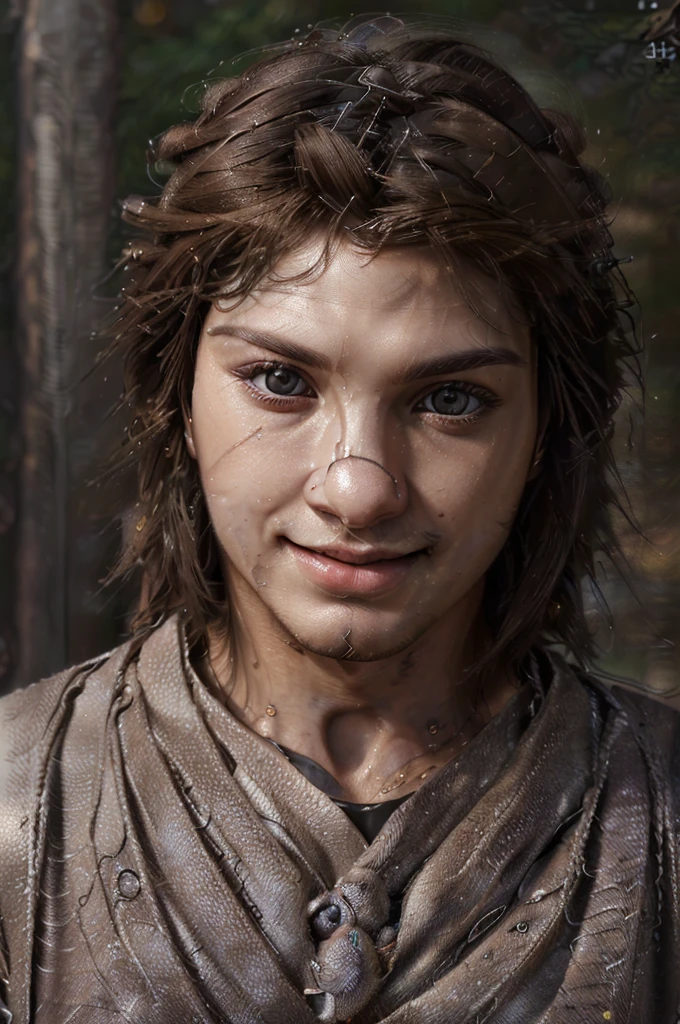 masculine male, masterpiece, ((perfect eyeest quality, (semirealism:1.9), beautiful lighting, (extremely detailed CG unity 4k fhd wallpaper), High Detail, Sharp focus, dramatic outdoors, 1 boy ,19 years old, brown hair, light purpel eyes, smile.